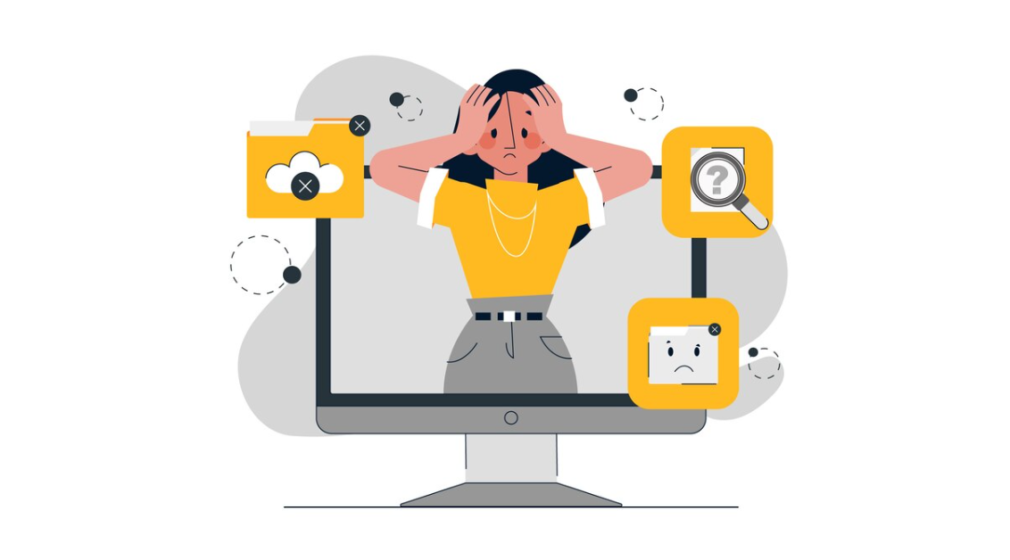 character holding her head with hands inside a computer screen, icons with folder and cloud near her