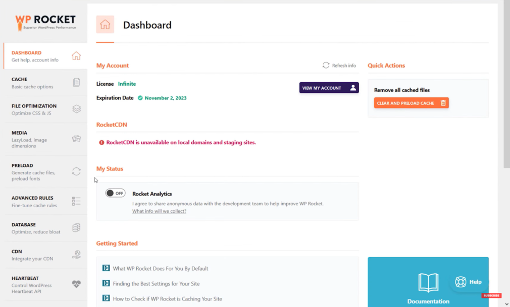 WP Rocket plugin-  dashboard