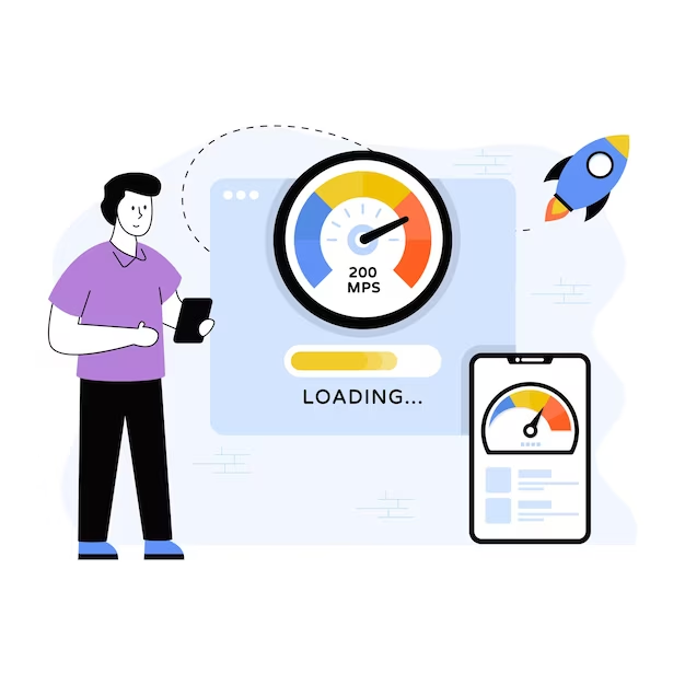 A man is holding a phone, next to it is an illustration of website loading speed