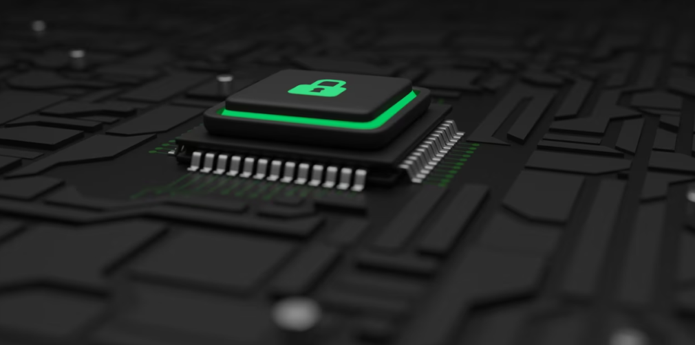 green security sign on the microchip of the motherboard