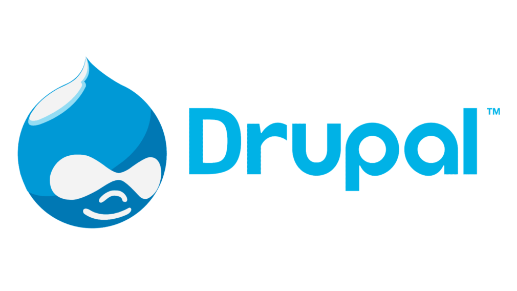 Blue Drupal logo with a droplet-like shape and the text 'Drupal' beside it