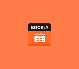 Bookly logo on orange background with orange and black calendar icon, featuring 'bookly' text on top of the calendar icon